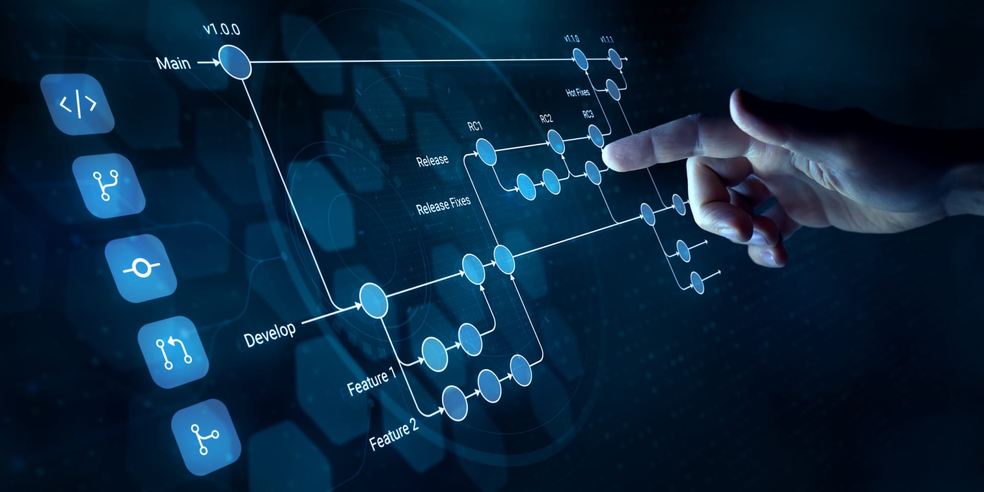 Una mano tocca uno schema digitale di processi e flussi di lavoro su sfondo blu